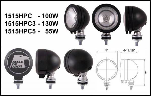 Eagle Eye Lights - Eagle Eye Lights 1515HPC 5" Black 12V 100W Spot Clear Round Halogen Off Road Light with ABS Cover Each