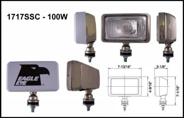 Eagle Eye Lights - Eagle Eye Lights 1717SSC 7 13/16" Stainless Steel 12V 100W Driving Clear Rectangular Halogen Off Road Light with ABS Cover Each