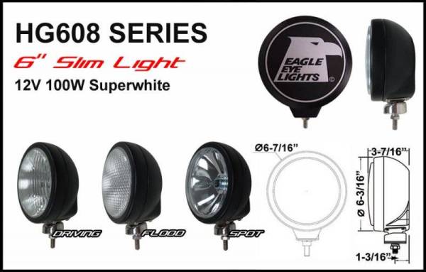 Eagle Eye Lights - Eagle Eye Lights HG608BF 6 3/16" Black 12V 100W Superwhite Flood Clear Slim Round Halogen Off Road Light with ABS Cover Each