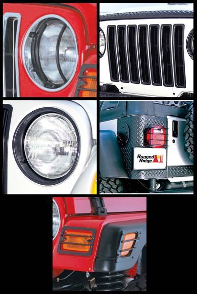 Rugged Ridge - Rugged Ridge 12495.03 Euro Guard Light Kit With Headlight Bezels And Grille Inserts Black 15 Piece Jeep Wrangler Jeep TJ 1997-2006