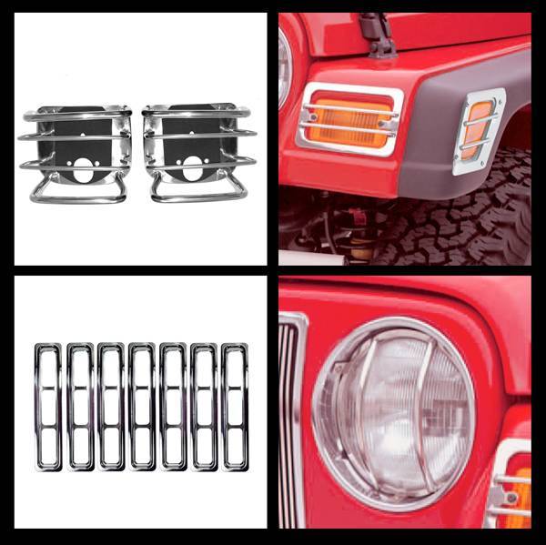 Rugged Ridge - Rugged Ridge 12495.05 Euro Guard Light Kit With Headlight Bezels And Grille Inserts Stainless Steel 15 Piece Jeep Wrangler Jeep TJ 1997-2006