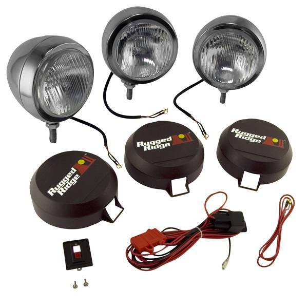 Rugged Ridge - Rugged Ridge 15206.62 Hid Off Road Fog Light Kit Three Lights with Wiring Harness 5-In Round Stainless Steel