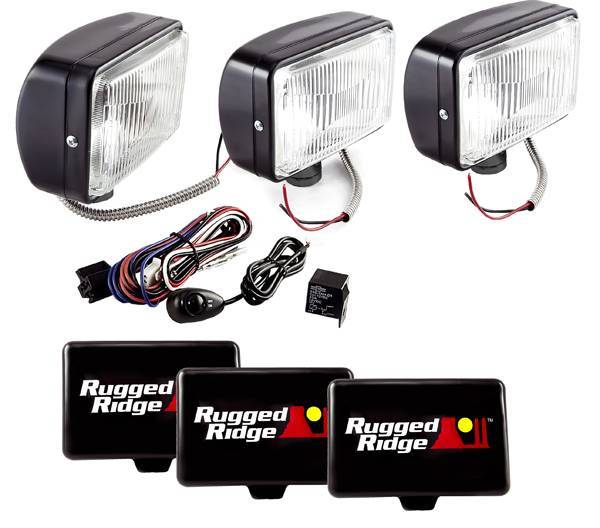 Rugged Ridge - Rugged Ridge 15207.65 Off Road Fog Light Kit Three Lights with Wiring Harness 5X7 Black 100W